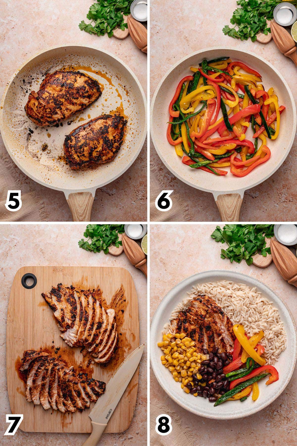 Four steps searing the marinated chicken, sautéing peppers and onion, slicing the chicken, and assembling the bowl.