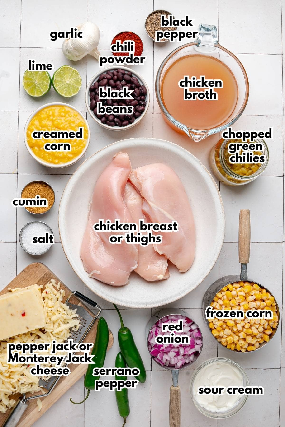 An overhead view of ingredients needed to make slow cooker chicken chili with text label overlays.