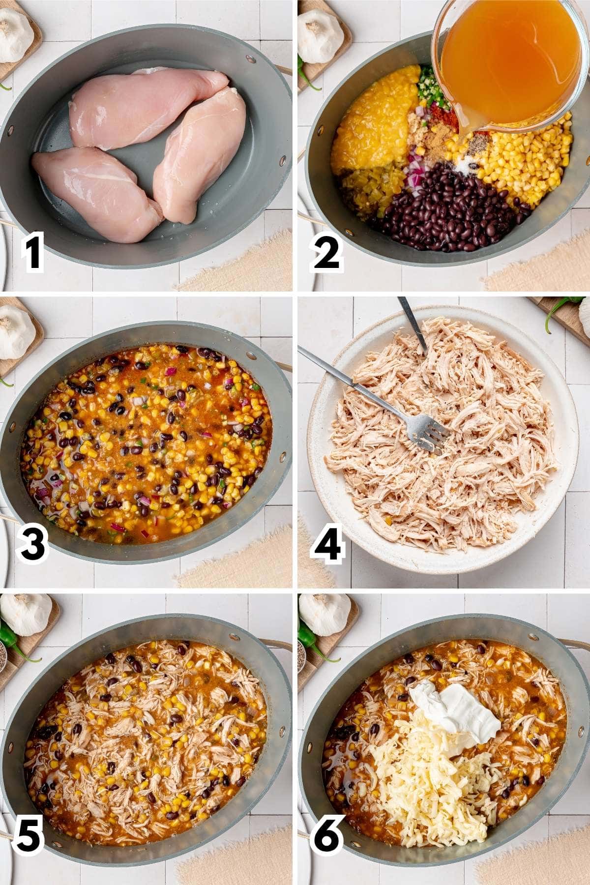 Six step collage showing the process to make slow cooker chicken chili.