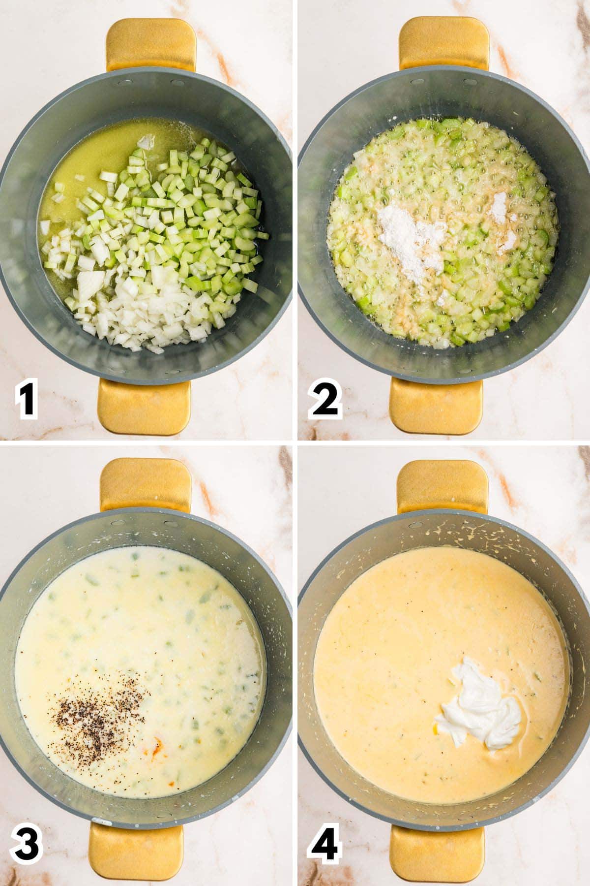 Four-step collage showing onion and celery cooked in butter, flour whisked in, then milk and sour cream added to the sauce.