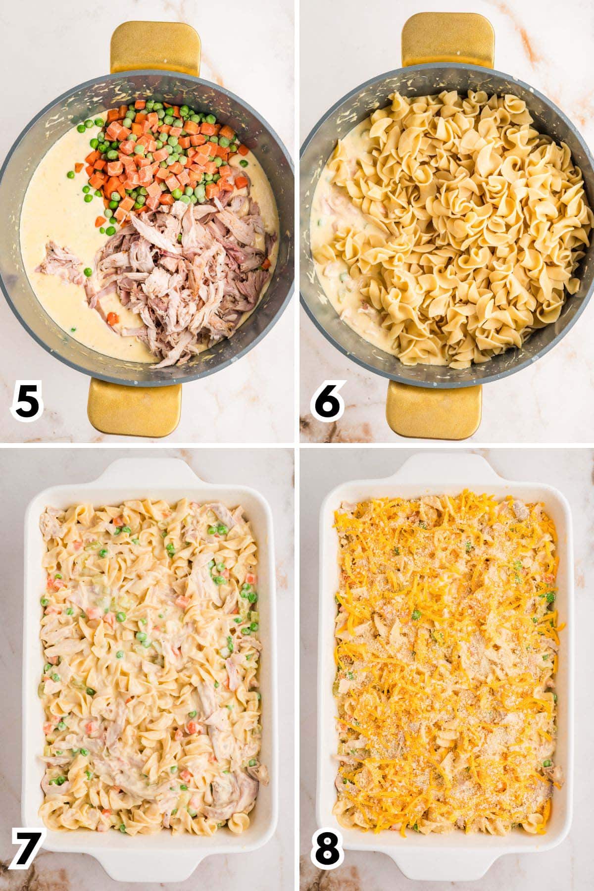 Four-step collage showing turkey, vegetables, and noodles folded into the sauce, then topped with cheddar and panko in a baking dish.