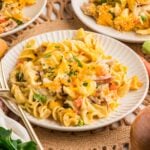 A plate of turkey noodle casserole with egg noodles, peas, carrots, and melted cheddar, garnished with fresh parsley.