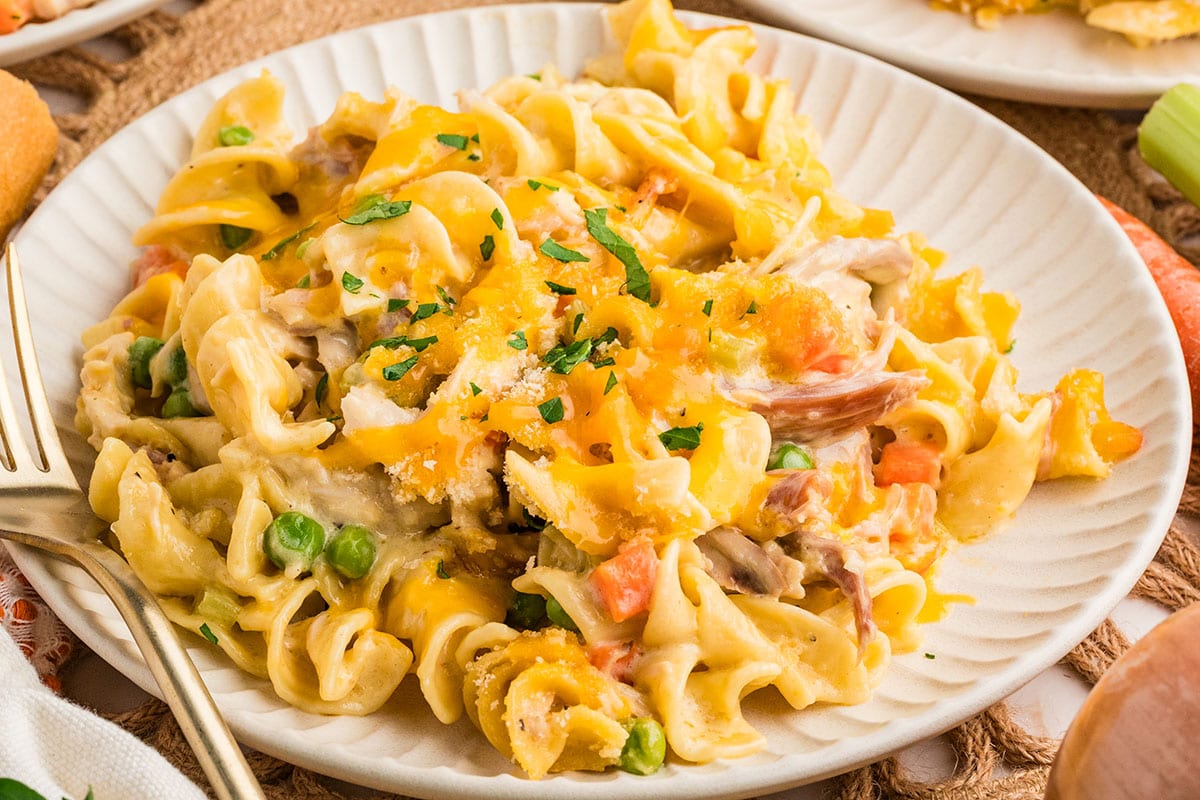 A close-up serving of creamy turkey noodle casserole topped with melted cheddar and chopped parsley.