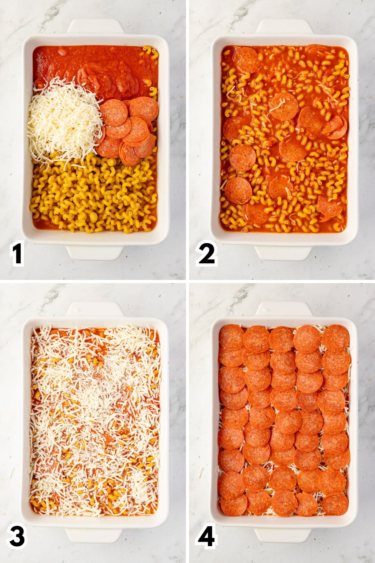 Four-step process collage showing pizza pasta bake assembled in a casserole dish before baking.